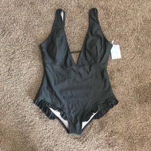 Gray V-Neck One-Piece Swimsuit